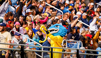 2024 homecoming photo - crowd cheering in the bleachers with Musko leading them on