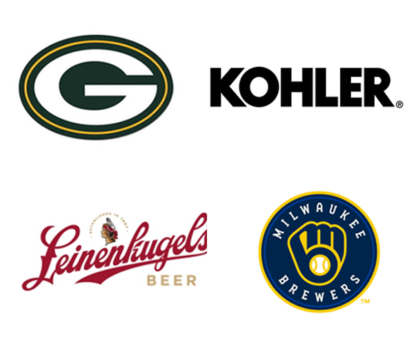 Green Bay Packers logo, Leinenkugel Brewing Company logo, Kohler Co. logo, Milwaukee Brewers logo